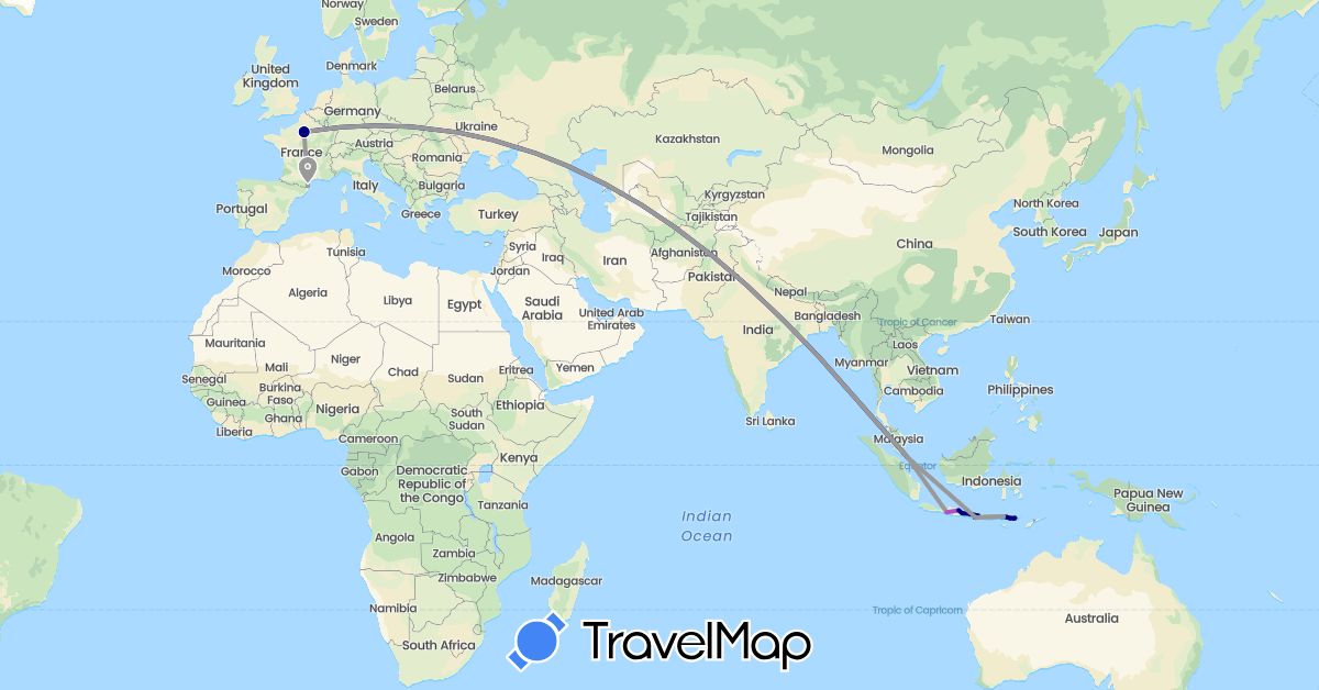 TravelMap itinerary: driving, plane, train, boat in France, Indonesia, Singapore (Asia, Europe)